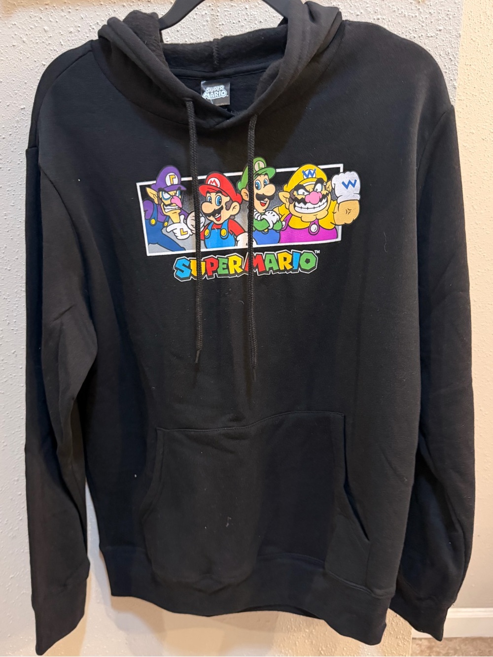Nintendo Black Super Mario Crewneck Hoodie with Colorful Character Panel
